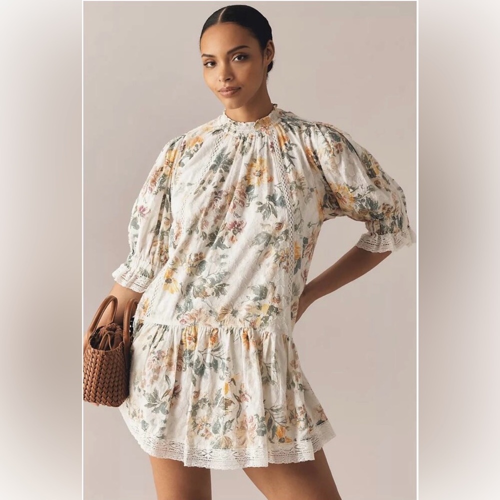 Pilcro Anthropologie Short-Sleeve Mock-Neck Ruffle Mini Floral Dress Small